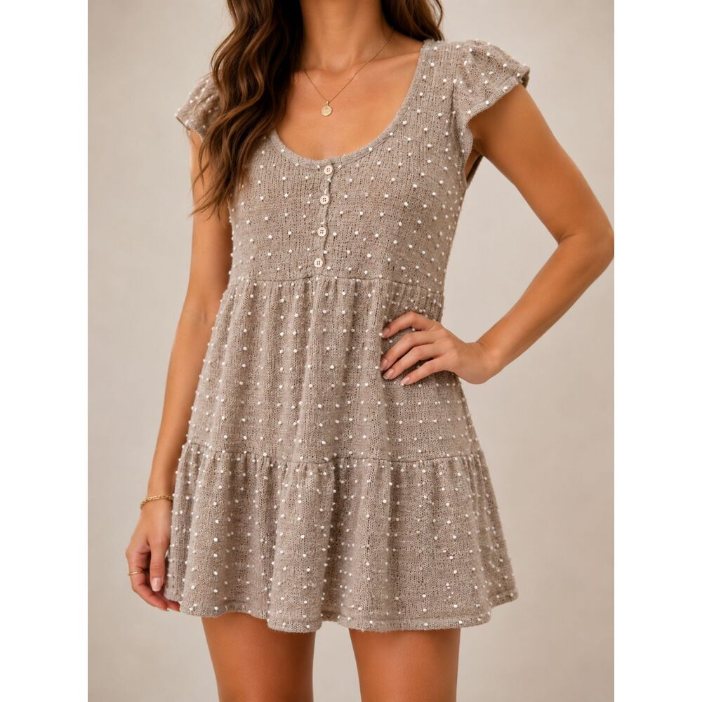 Blu Pepper Beige‎ Polka Dot Knit Babydoll Dress Size S NWT Cottagecore Milkmaid